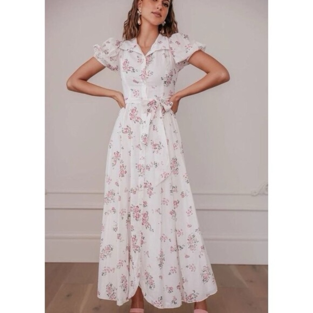 JessaKae Enchanted Rose White and Pink Floral Maxi Dress - Size L
